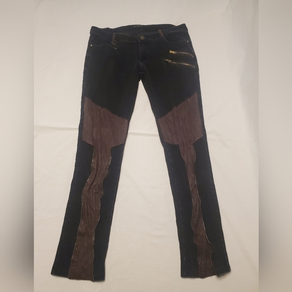 Devil Fashion Womens Stretch Jeans Low Rise Black Brown Suede Patch Zipper Sz L - Picture 1 of 10